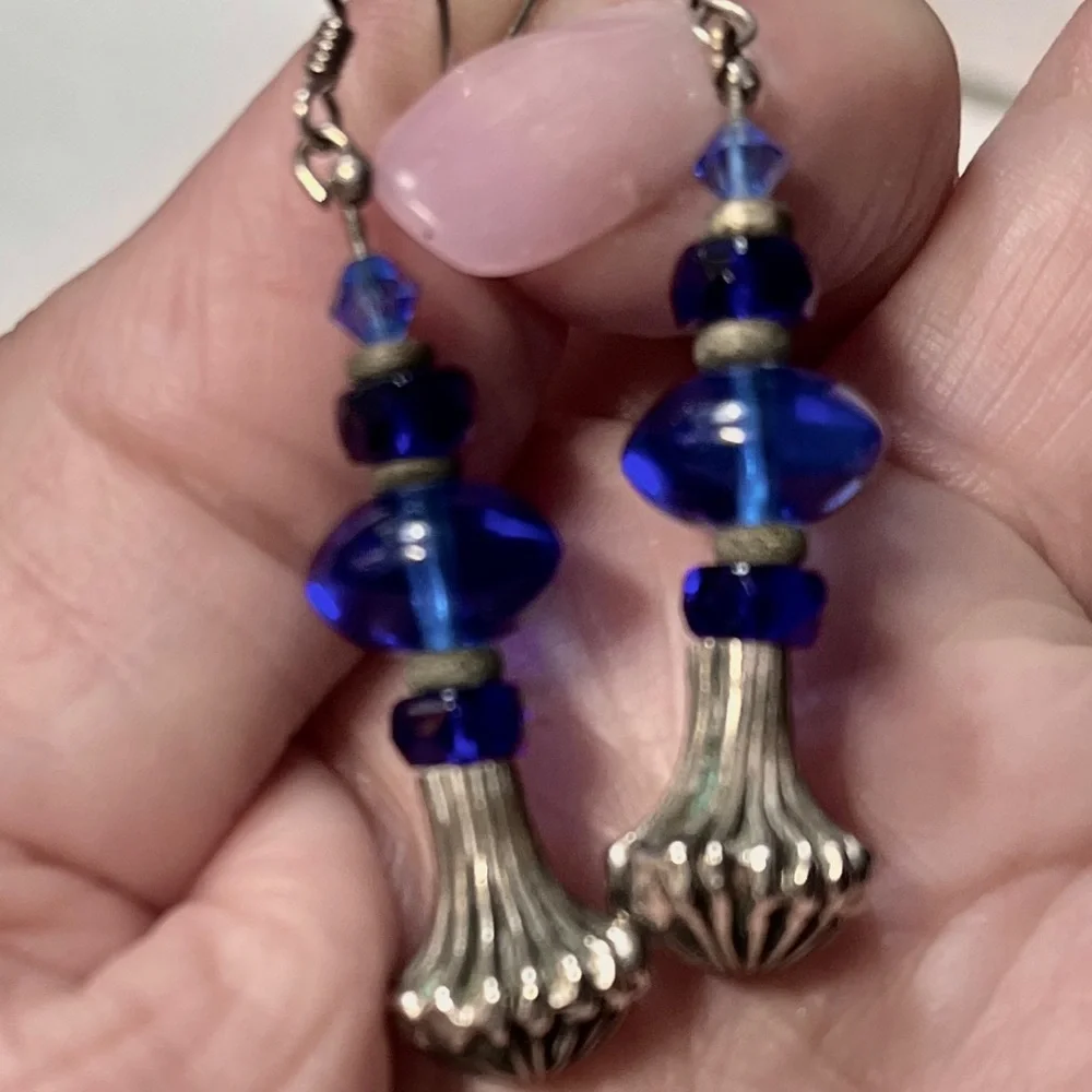 Cobalt Blue Glass & Silver-tone Beaded Pierced Earrings Handmade  2
